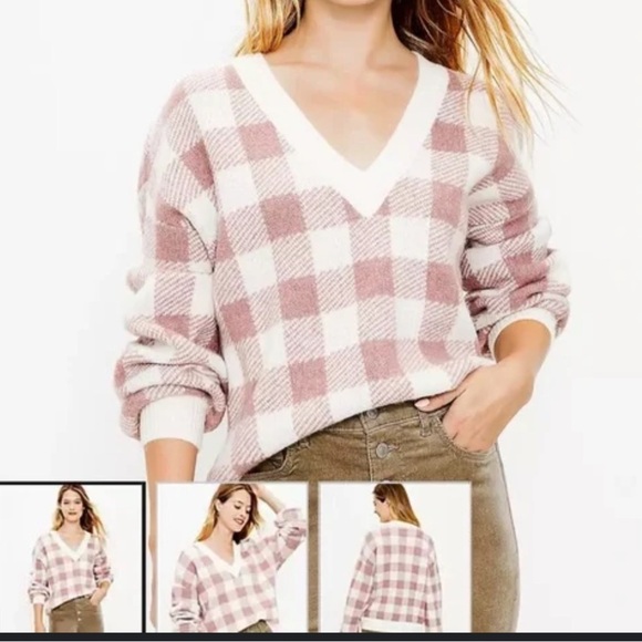 LOFT Plaid V-Neck Sweater - Picture 1 of 5